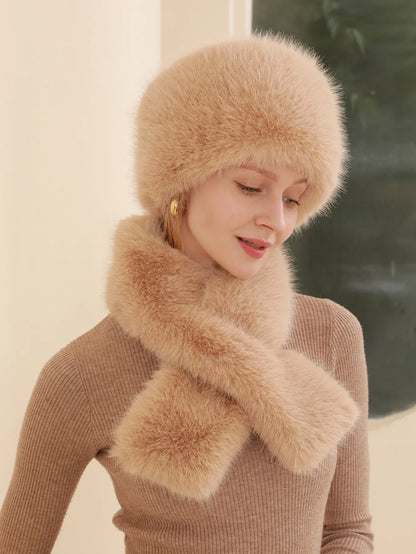 Women's 2pcs Set: Cozy Faux Fur Hat & Scarf Combo Khaki / 54-60 The Nichole Collection