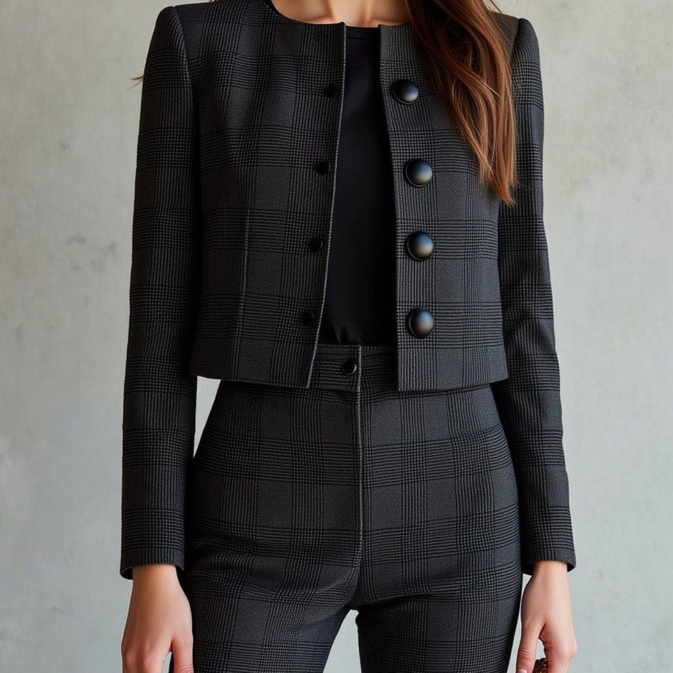 Women’s Black Checkered Two-Piece Suit – Cropped Blazer & Trousers Set Women's Sets The Nichole Collection
