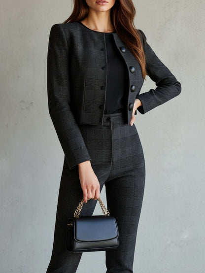Women’s Black Checkered Two-Piece Suit – Cropped Blazer & Trousers Set Women's Sets The Nichole Collection