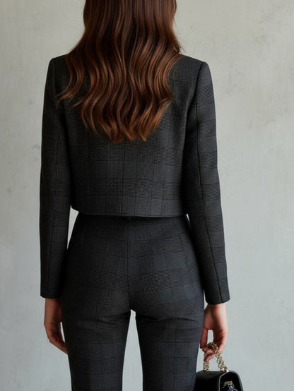 Women’s Black Checkered Two-Piece Suit – Cropped Blazer & Trousers Set Women's Sets The Nichole Collection