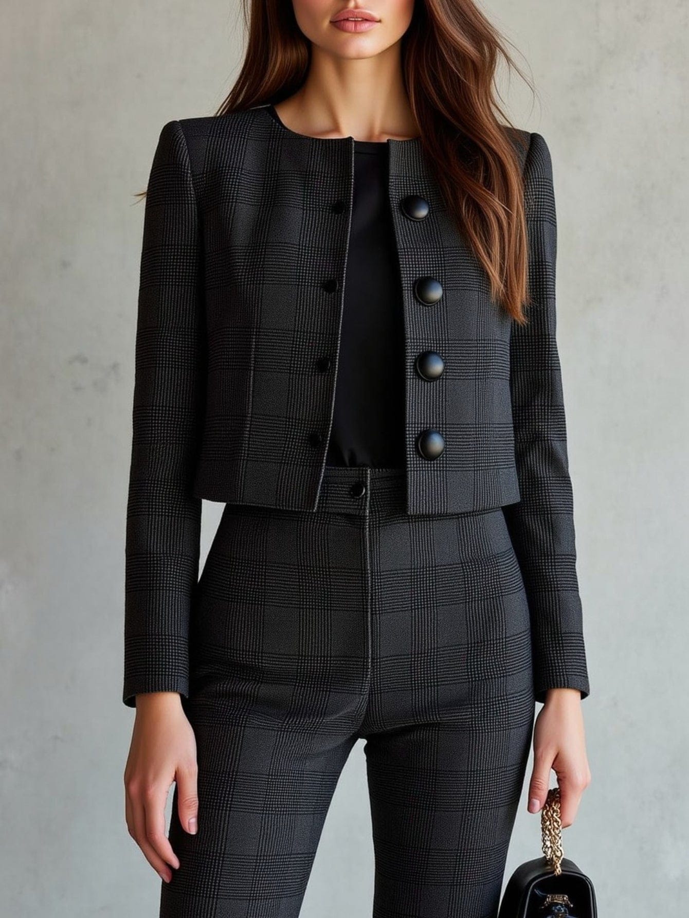 Women’s Black Checkered Two-Piece Suit – Cropped Blazer & Trousers Set Women's Sets The Nichole Collection