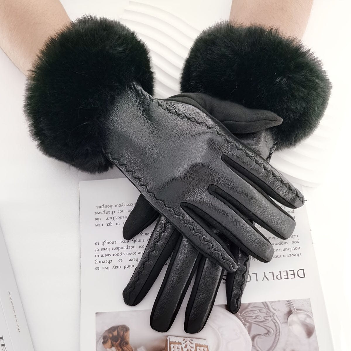 Women’s Black Touchscreen PU Leather Gloves with Faux Fur Cuffs – Warm Windproof Winter Gloves Gloves Black The Nichole Collection