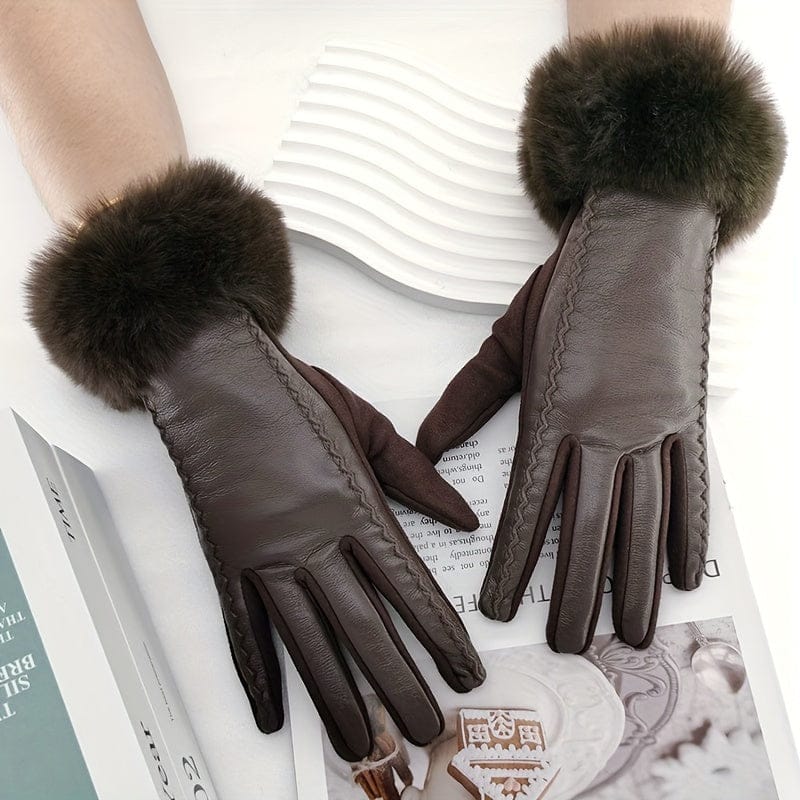 Women’s Black Touchscreen PU Leather Gloves with Faux Fur Cuffs – Warm Windproof Winter Gloves Gloves The Nichole Collection