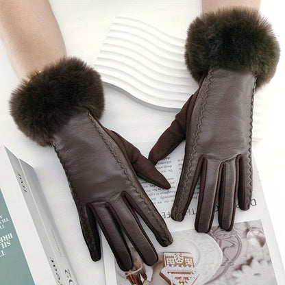 Women’s Black Touchscreen PU Leather Gloves with Faux Fur Cuffs – Warm Windproof Winter Gloves Gloves The Nichole Collection