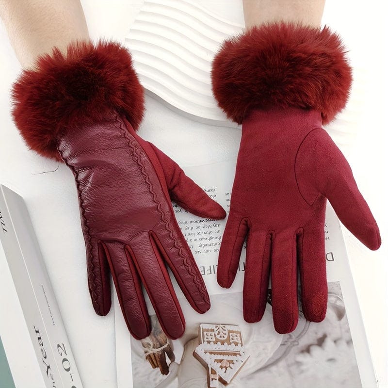 Women’s Black Touchscreen PU Leather Gloves with Faux Fur Cuffs – Warm Windproof Winter Gloves Gloves crimson The Nichole Collection