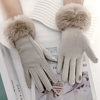 Women’s Black Touchscreen PU Leather Gloves with Faux Fur Cuffs – Warm Windproof Winter Gloves Gloves Beige The Nichole Collection