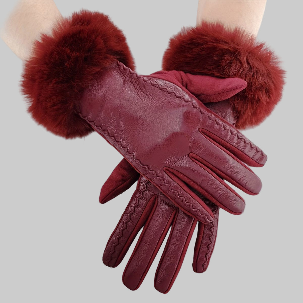 Women’s Black Touchscreen PU Leather Gloves with Faux Fur Cuffs – Warm Windproof Winter Gloves Gloves The Nichole Collection