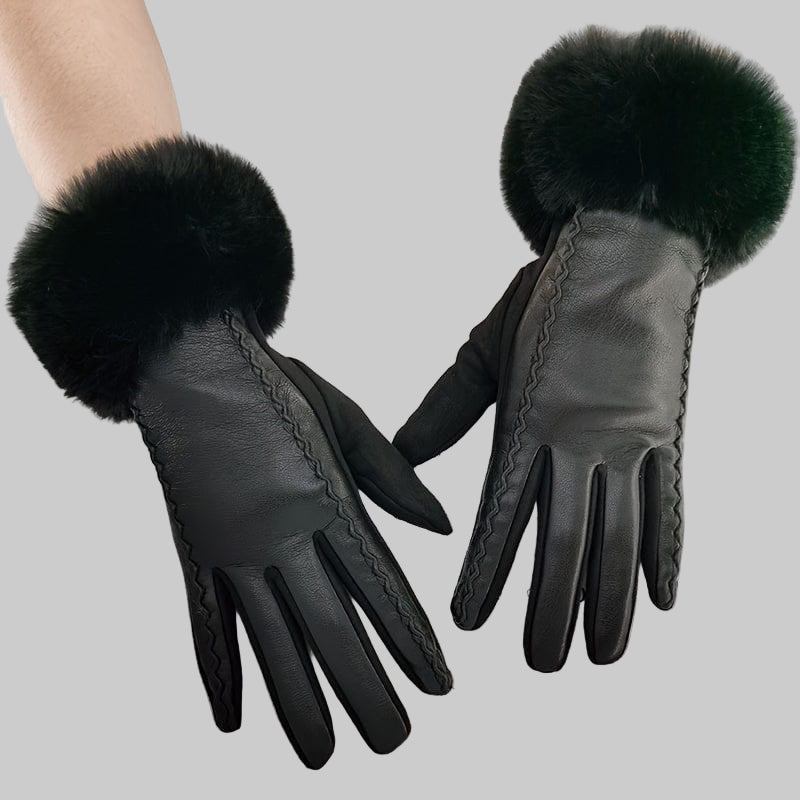 Women’s Black Touchscreen PU Leather Gloves with Faux Fur Cuffs – Warm Windproof Winter Gloves Gloves The Nichole Collection