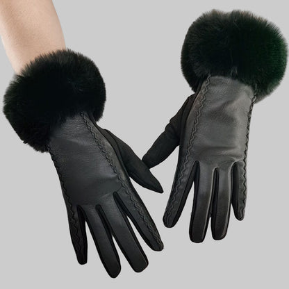 Women’s Black Touchscreen PU Leather Gloves with Faux Fur Cuffs – Warm Windproof Winter Gloves Gloves The Nichole Collection