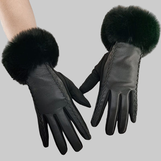 Women’s Black Touchscreen PU Leather Gloves with Faux Fur Cuffs – Warm Windproof Winter Gloves Gloves The Nichole Collection