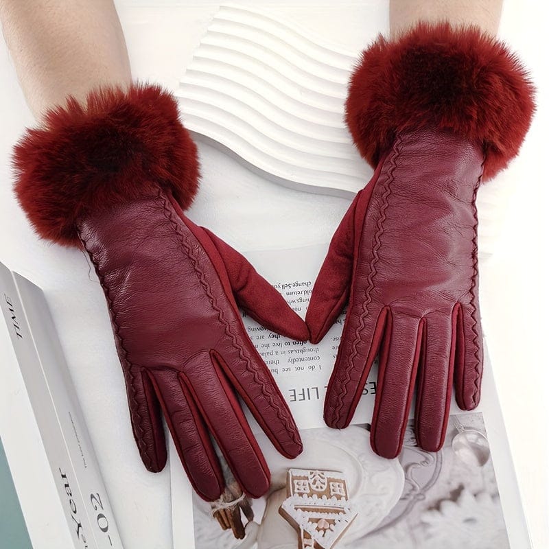 Women’s Black Touchscreen PU Leather Gloves with Faux Fur Cuffs – Warm Windproof Winter Gloves Gloves The Nichole Collection