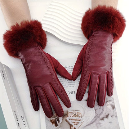 Women’s Black Touchscreen PU Leather Gloves with Faux Fur Cuffs – Warm Windproof Winter Gloves Gloves The Nichole Collection