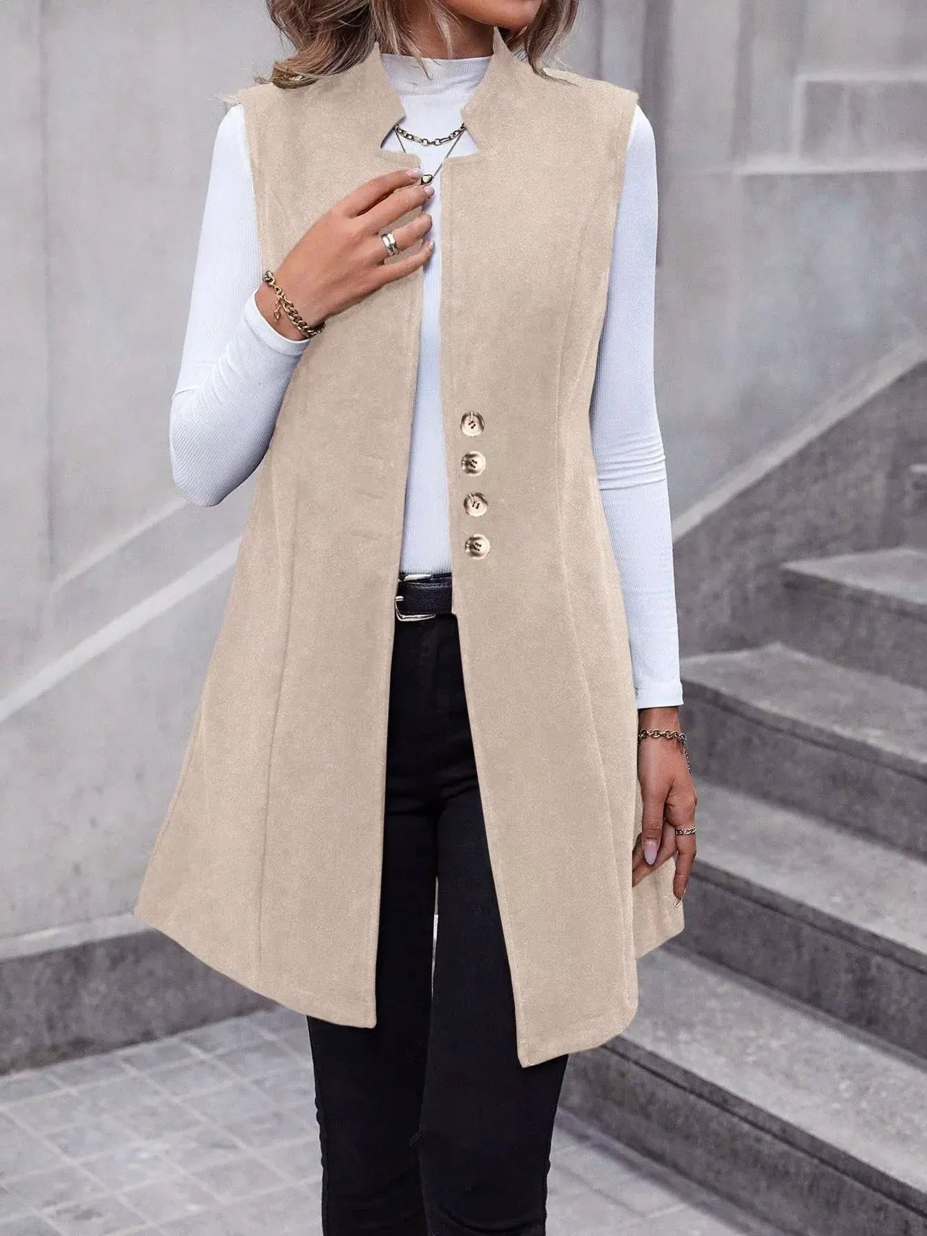 Women’s Button-Up Sleeveless Longline Vest Coat – Tailored Layering Piece Vest The Nichole Collection