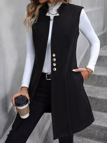 Women’s Button-Up Sleeveless Longline Vest Coat – Tailored Layering Piece Vest Black / S The Nichole Collection