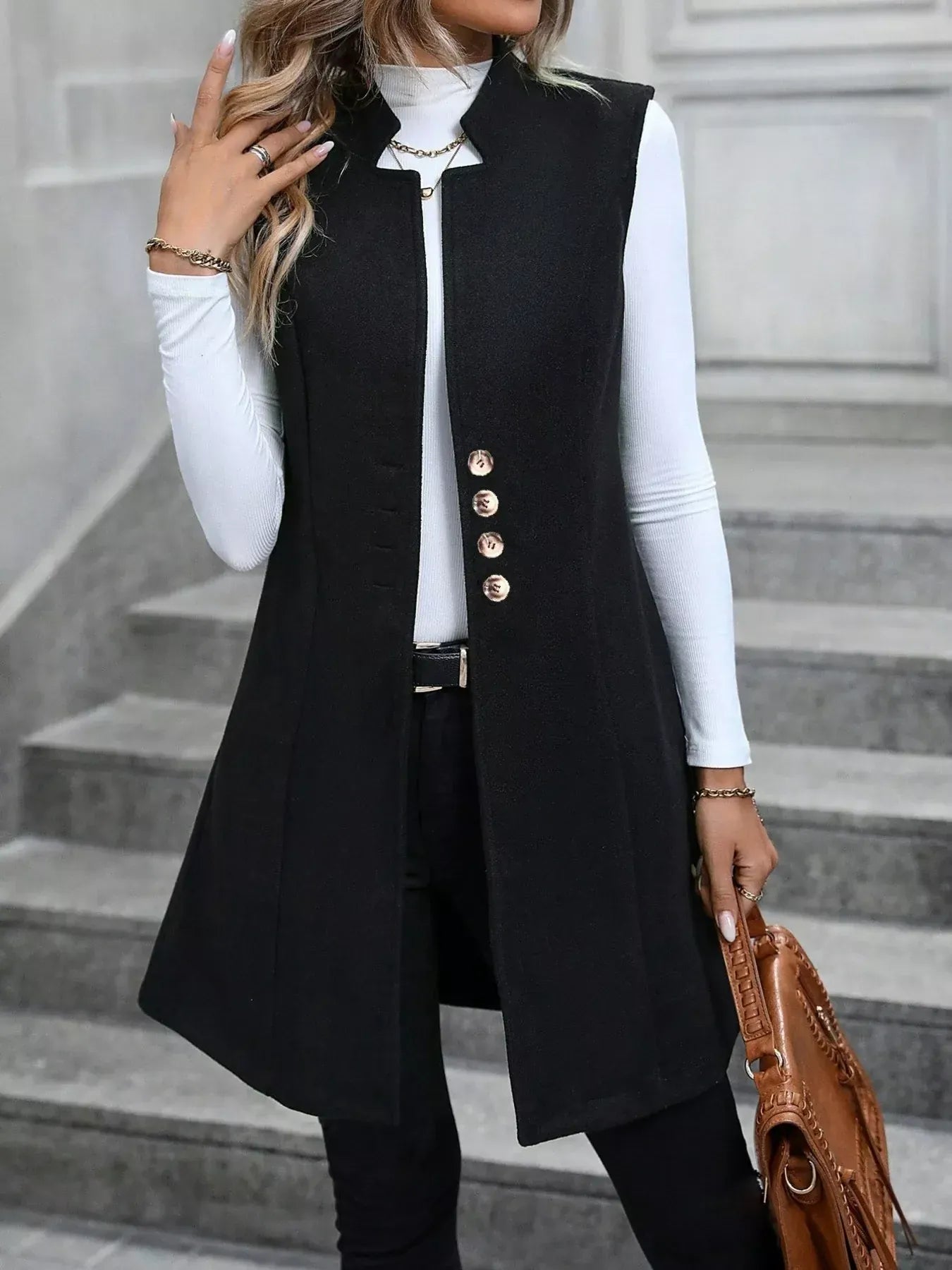 Women’s Button-Up Sleeveless Longline Vest Coat – Tailored Layering Piece Vest The Nichole Collection
