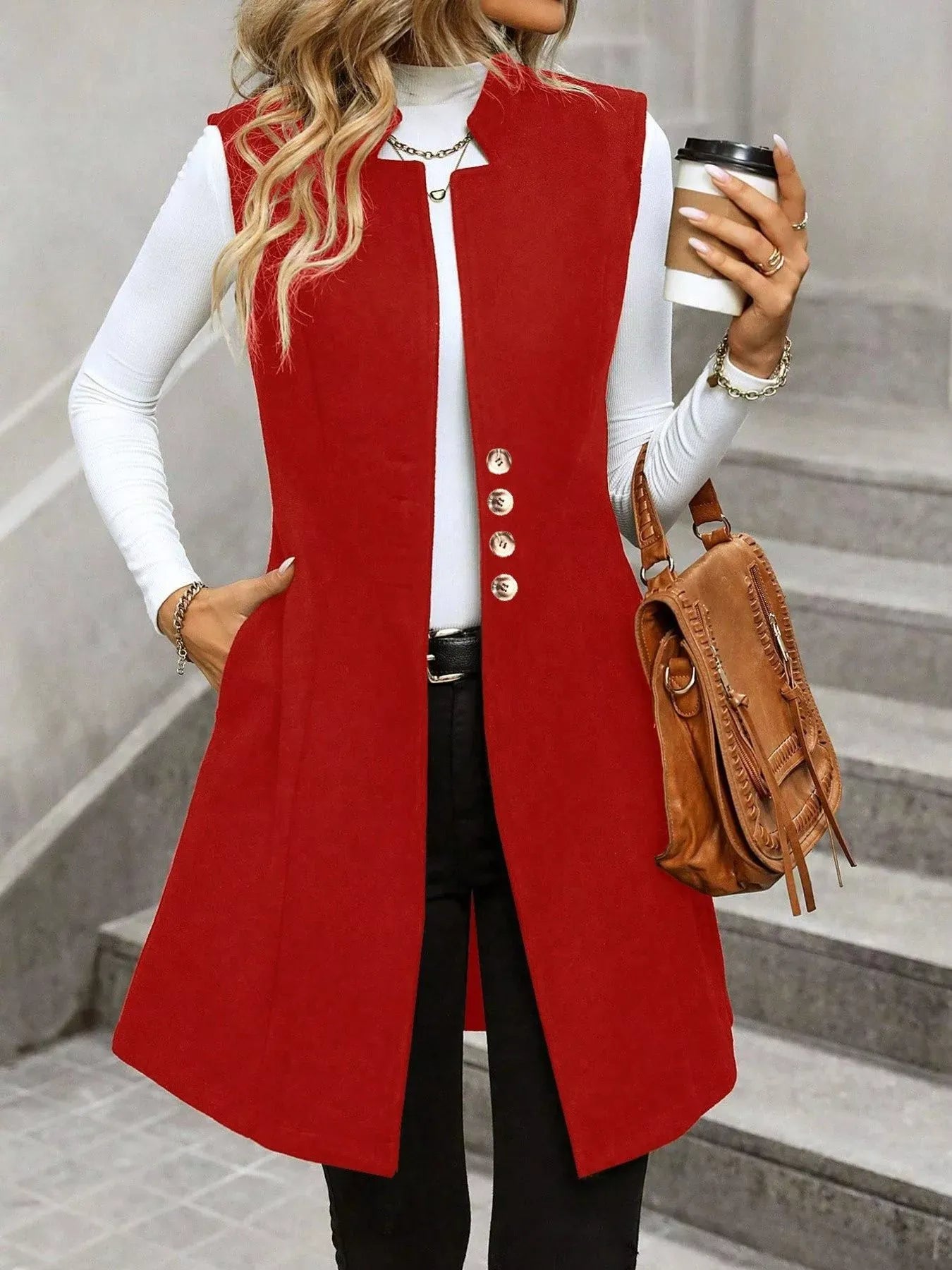 Women’s Button-Up Sleeveless Longline Vest Coat – Tailored Layering Piece Vest Red / S The Nichole Collection