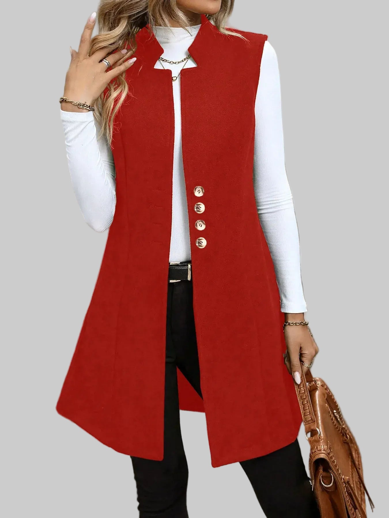 Women’s Button Up Warm Longline Vest Coat – Tailored Winter Layer Red / S The Nichole Collection