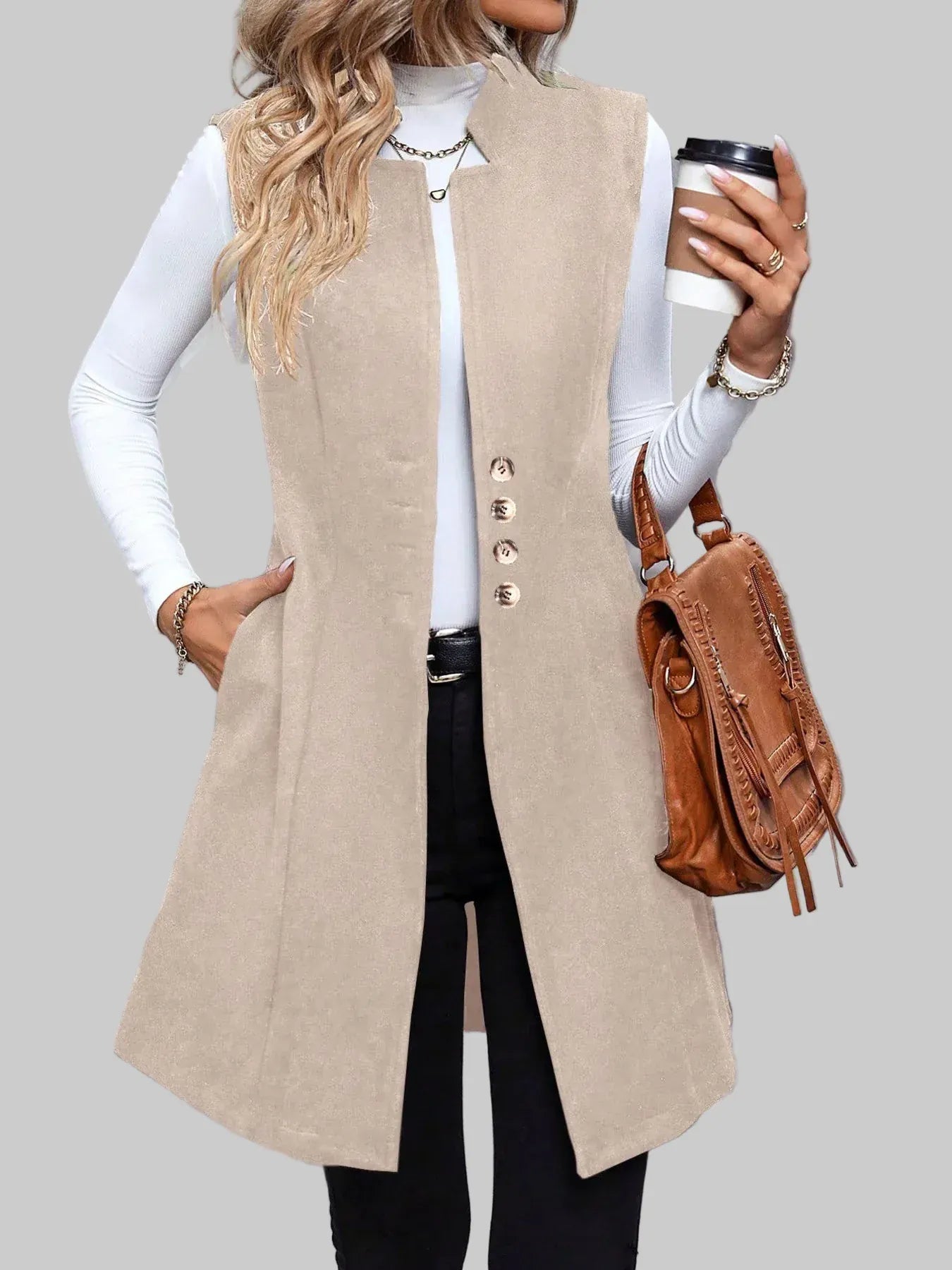 Women’s Button Up Warm Longline Vest Coat – Tailored Winter Layer Apricot / S The Nichole Collection
