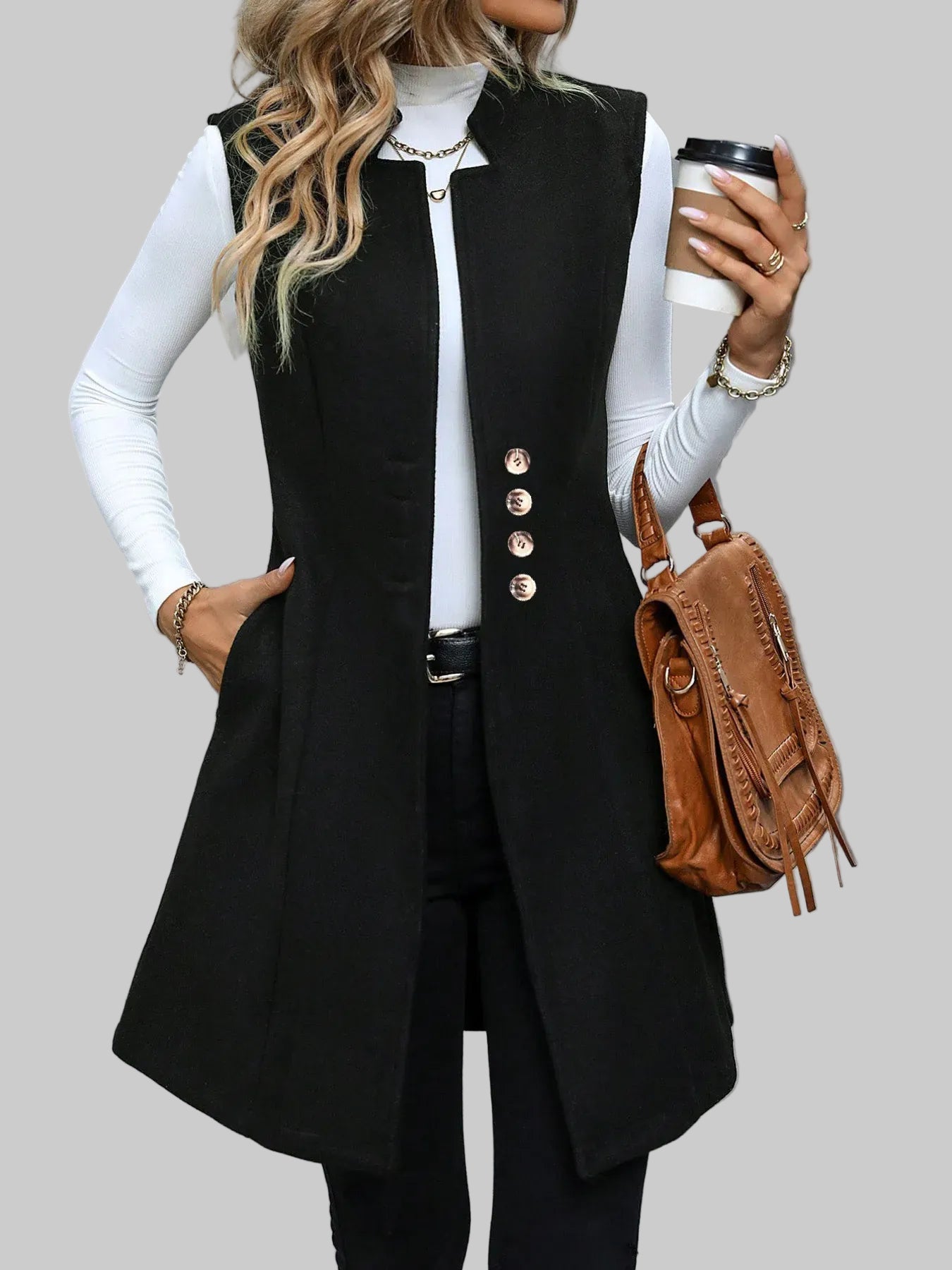 Women’s Button Up Warm Longline Vest Coat – Tailored Winter Layer Black / S The Nichole Collection