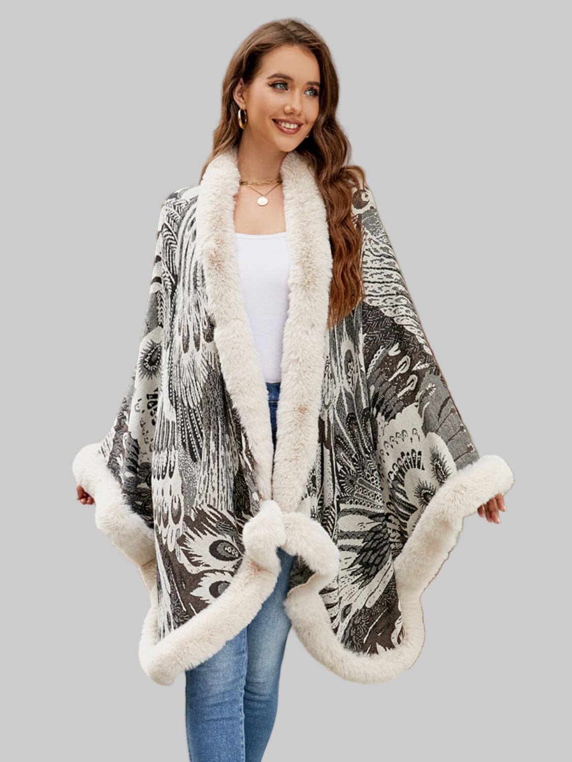 Women’s Chic Printed Winter Poncho Poncho Ivory / One Size The Nichole Collection
