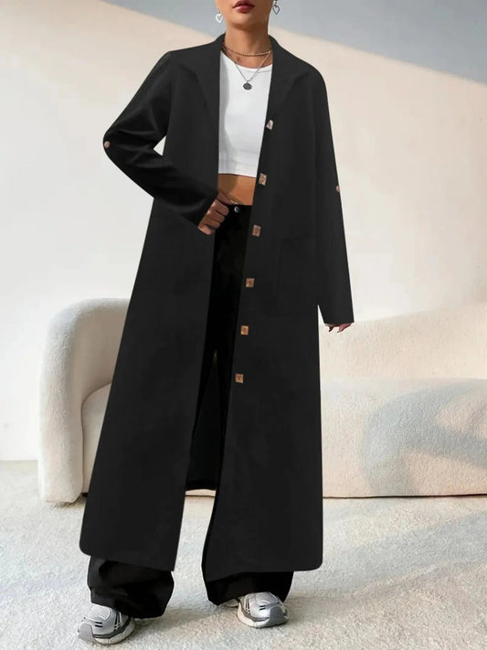 Women's Classic Lapel Collar Button-Front Longline Coat Coats Black / S The Nichole Collection