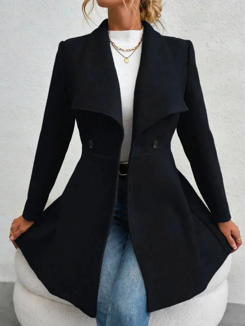 Women’s Collared Neck Button-Up Long Sleeve Coat – Flared Waist Winter Coat Coats Black / S The Nichole Collection