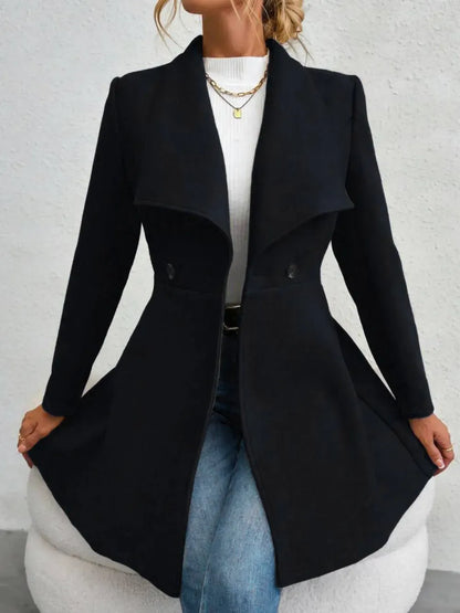 Women’s Collared Neck Button-Up Long Sleeve Coat – Flared Waist Winter Coat Coats Black / S The Nichole Collection