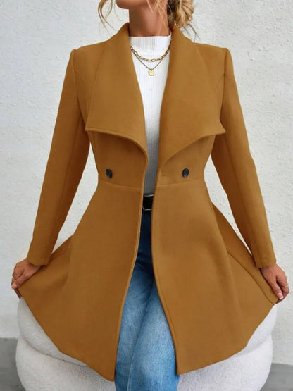 Women’s Collared Neck Button-Up Long Sleeve Coat – Flared Waist Winter Coat Coats The Nichole Collection