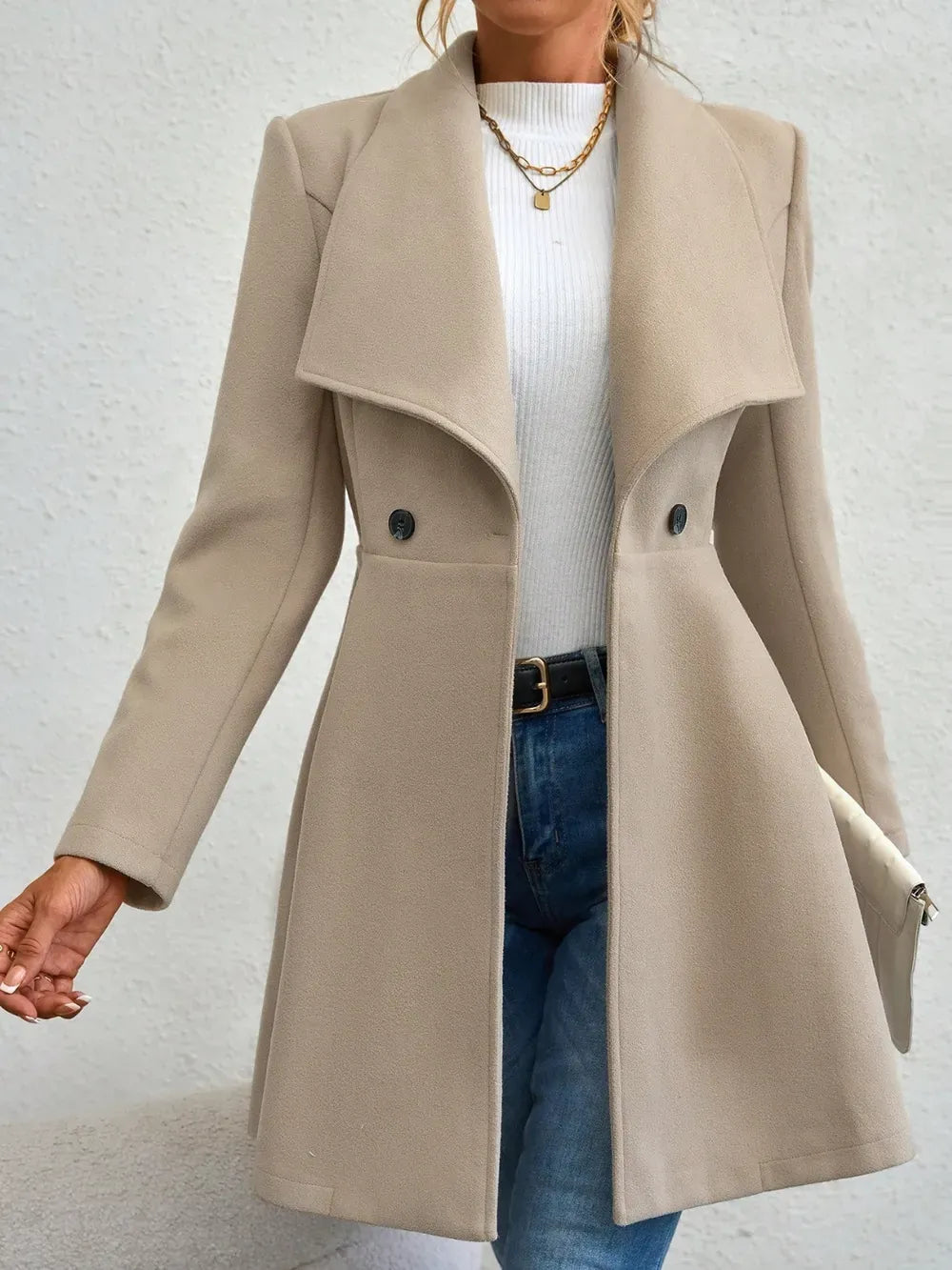 Women’s Collared Neck Button-Up Long Sleeve Coat – Flared Waist Winter Coat Coats The Nichole Collection