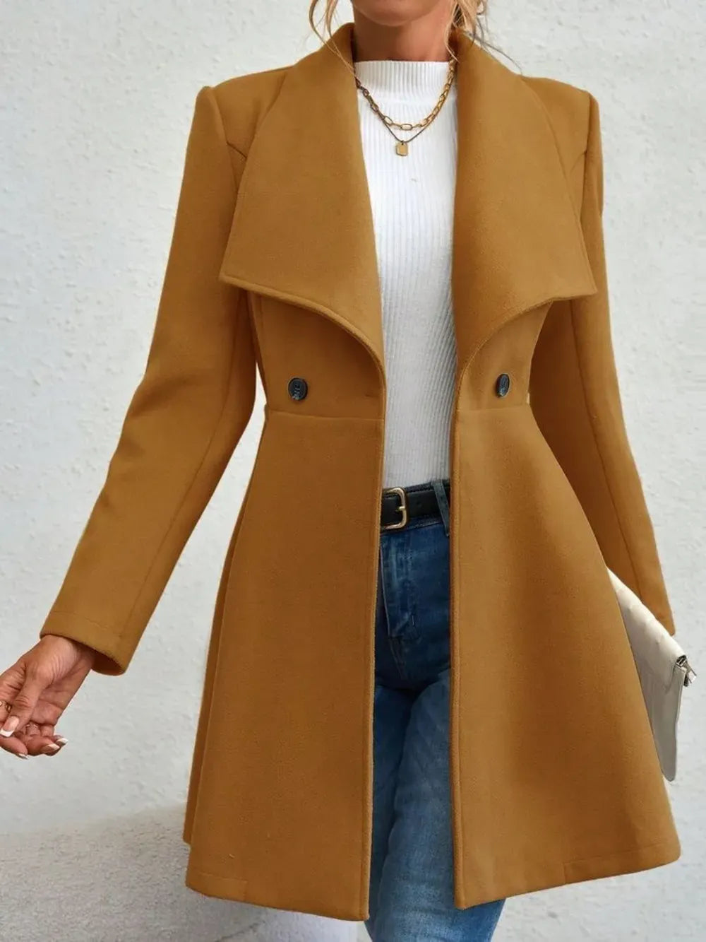 Women’s Collared Neck Button-Up Long Sleeve Coat – Flared Waist Winter Coat Coats Mustard / S The Nichole Collection