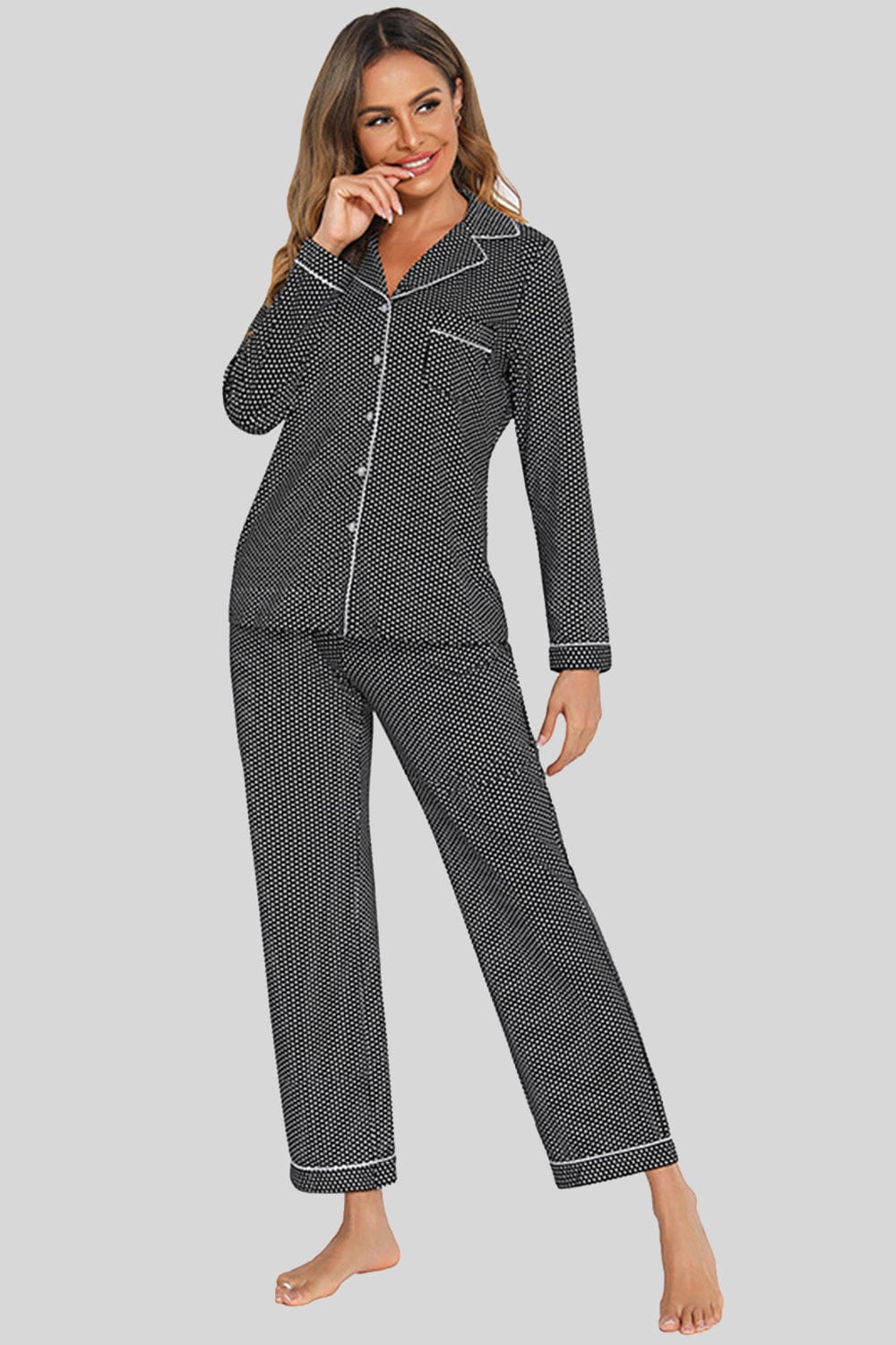 Women’s Collared Neck Loungewear Set with Pocket Black / S The Nichole Collection