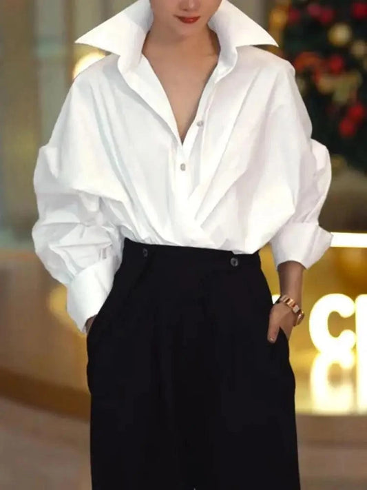 Women's Cotton Batwing Lapel Blouse White / S The Nichole Collection