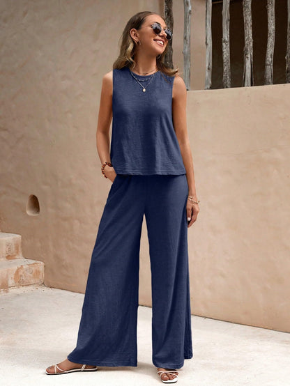 Women’s Cotton Casual Sleeveless Top & Wide-Leg Pants Matching Set Two Piece Pants Sets The Nichole Collection