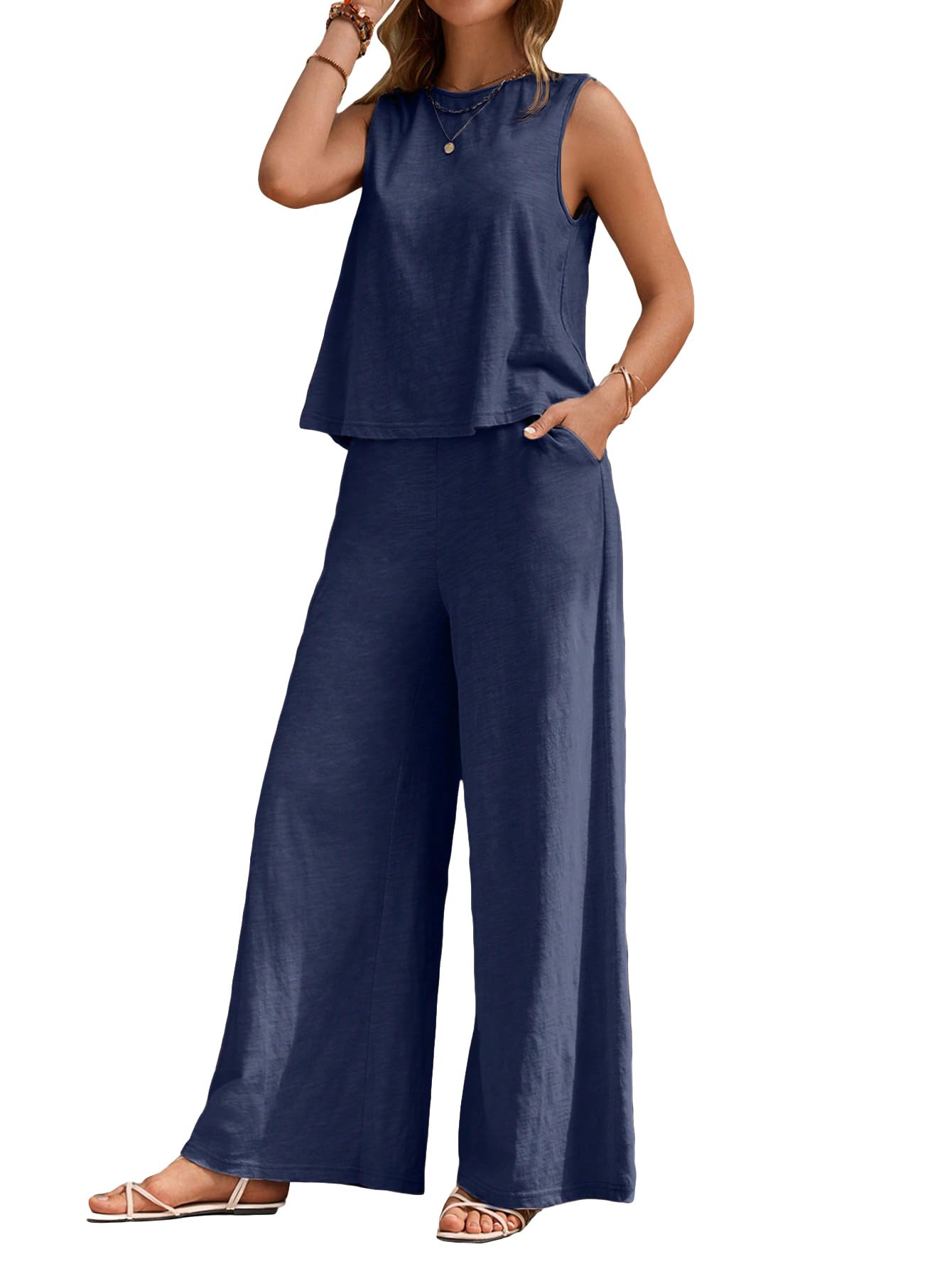 Women’s Cotton Casual Sleeveless Top & Wide-Leg Pants Matching Set Two Piece Pants Sets The Nichole Collection