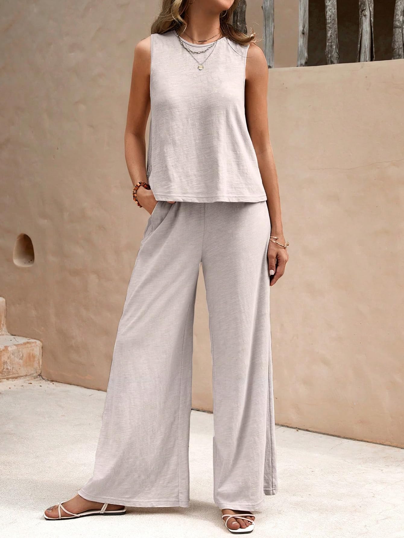 Women’s Cotton Casual Sleeveless Top & Wide-Leg Pants Matching Set Two Piece Pants Sets The Nichole Collection