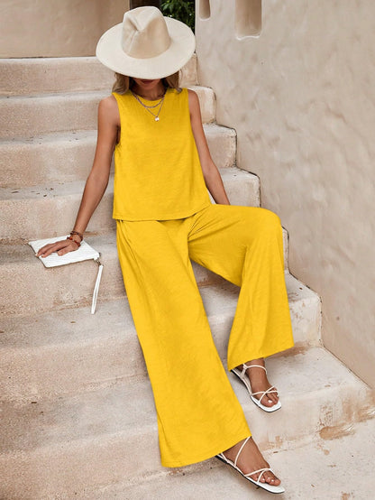 Women’s Cotton Casual Sleeveless Top & Wide-Leg Pants Matching Set Two Piece Pants Sets The Nichole Collection