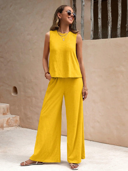 Women’s Cotton Casual Sleeveless Top & Wide-Leg Pants Matching Set Two Piece Pants Sets The Nichole Collection