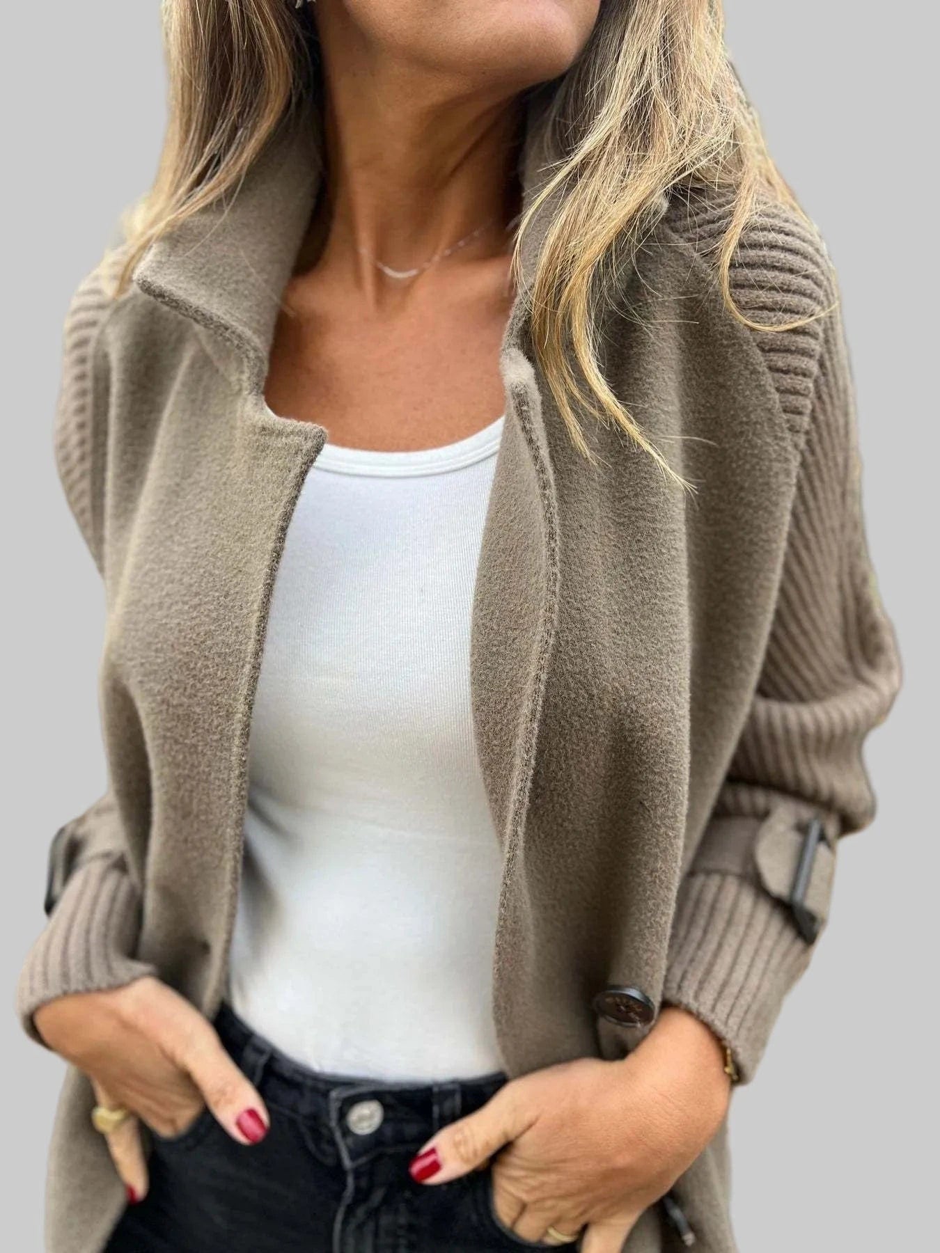 Women’s Double Breasted Knit Sleeve Longline Coat with Pockets Jacket The Nichole Collection
