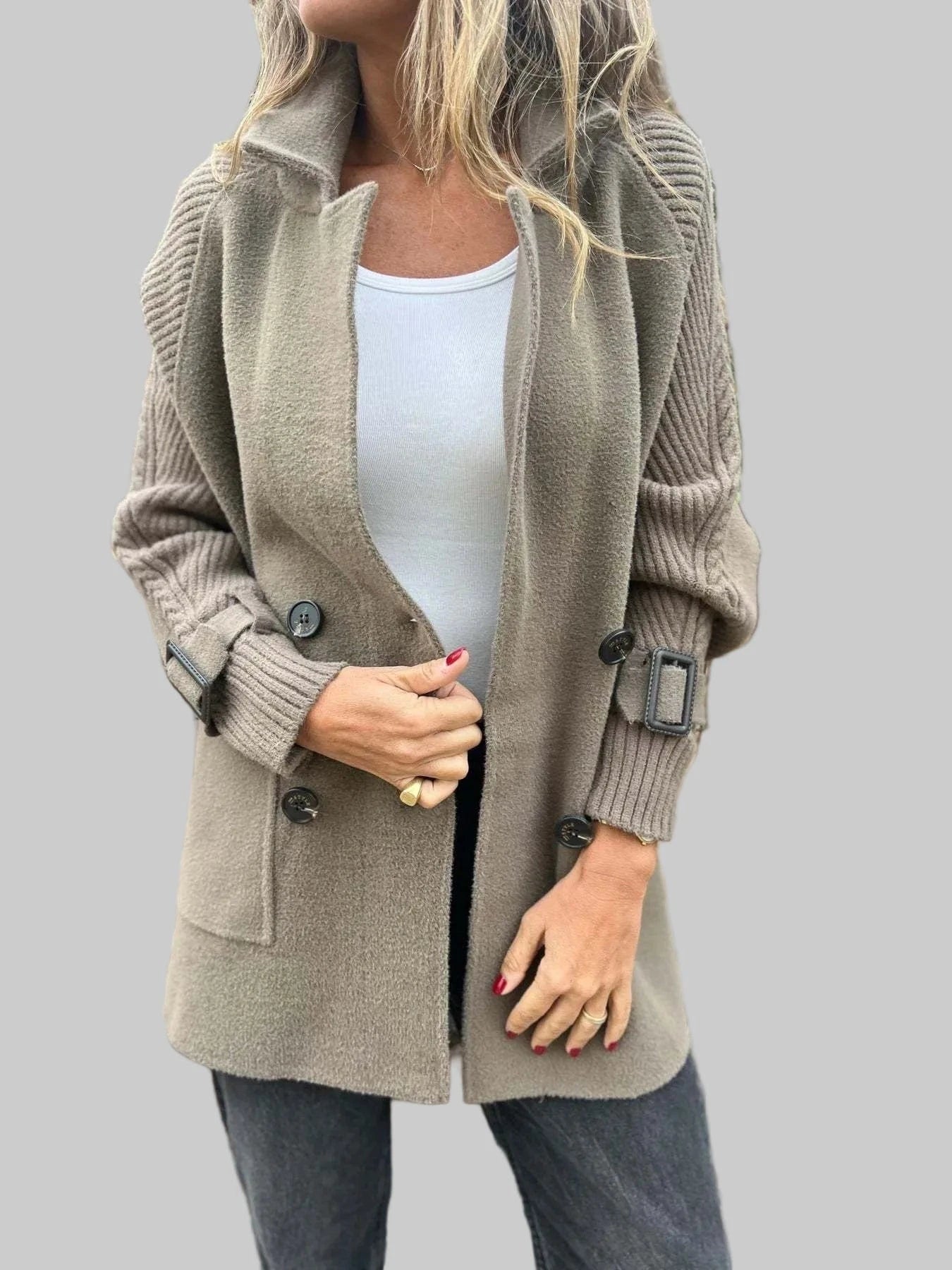 Women’s Double Breasted Knit Sleeve Longline Coat with Pockets Jacket The Nichole Collection