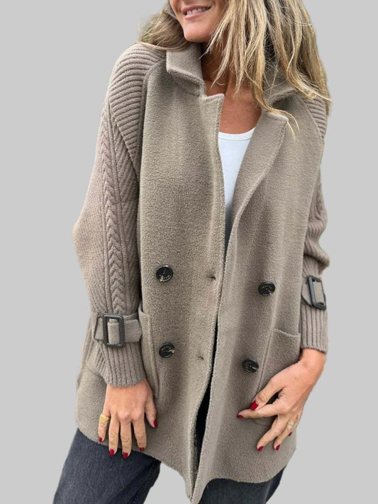 Women’s Double Breasted Knit Sleeve Longline Coat with Pockets Jacket Mocha / S The Nichole Collection