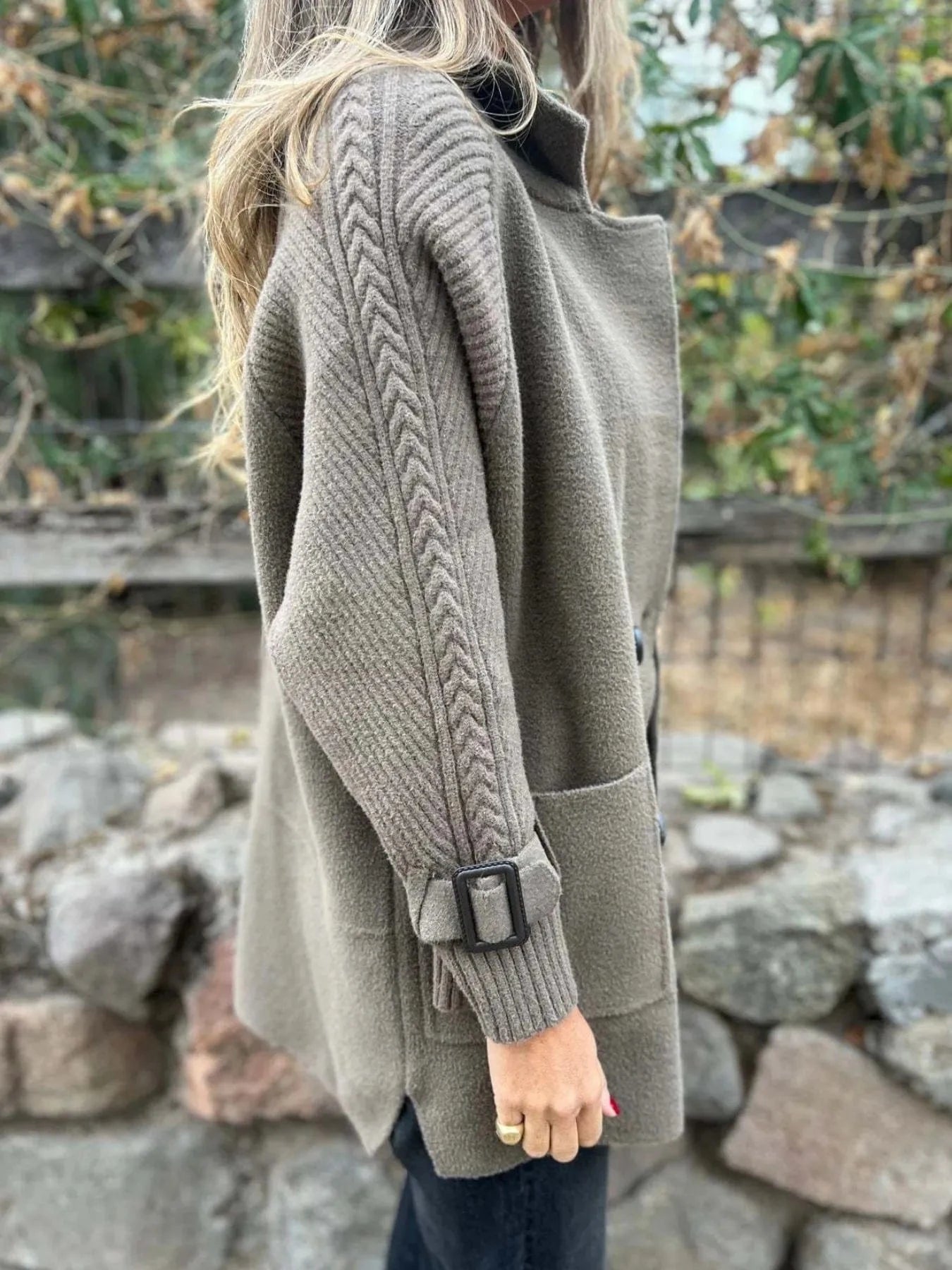 Women’s Double Breasted Knit Sleeve Longline Coat with Pockets Jacket The Nichole Collection