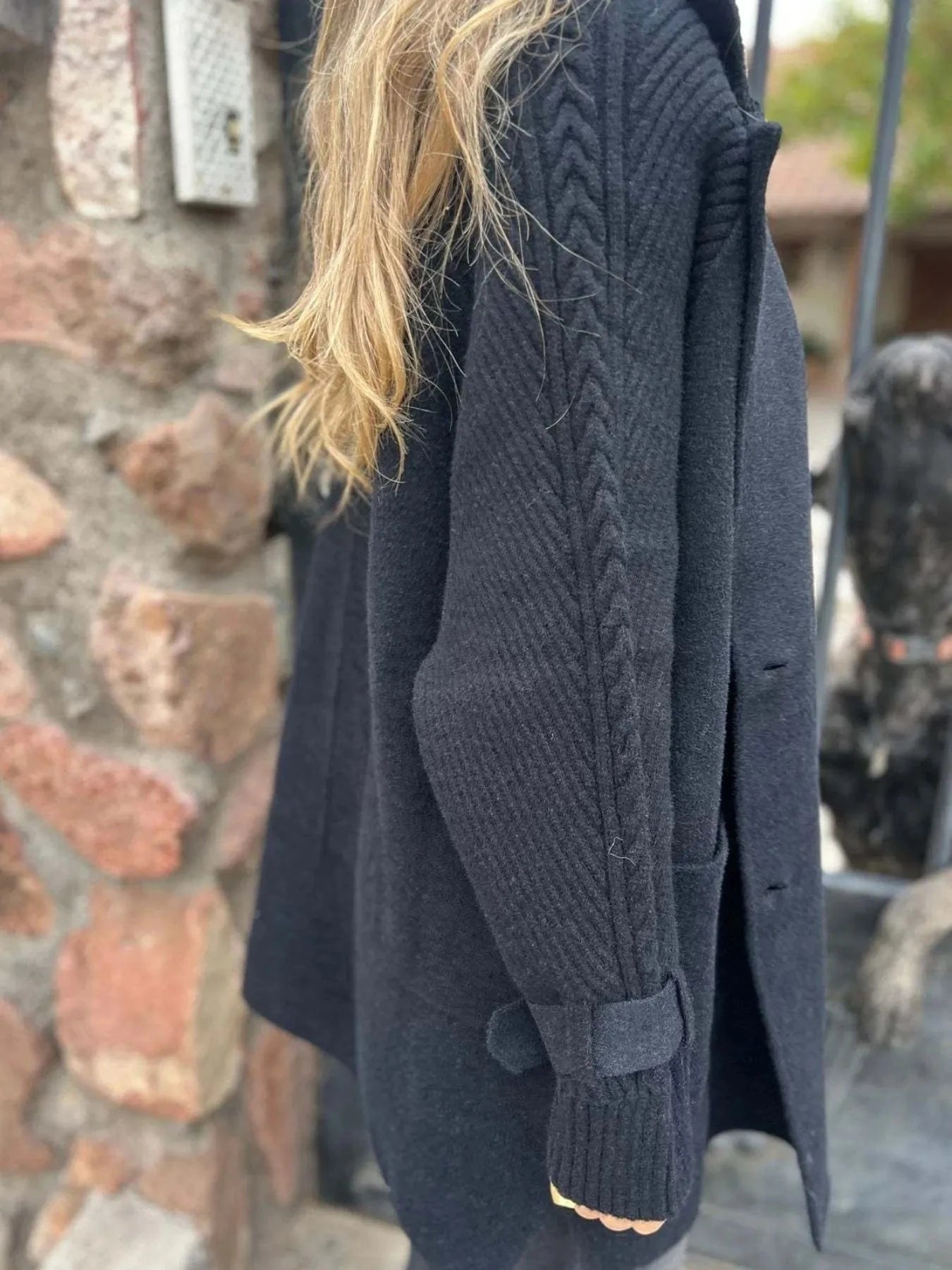 Women’s Double Breasted Knit Sleeve Longline Coat with Pockets Jacket The Nichole Collection