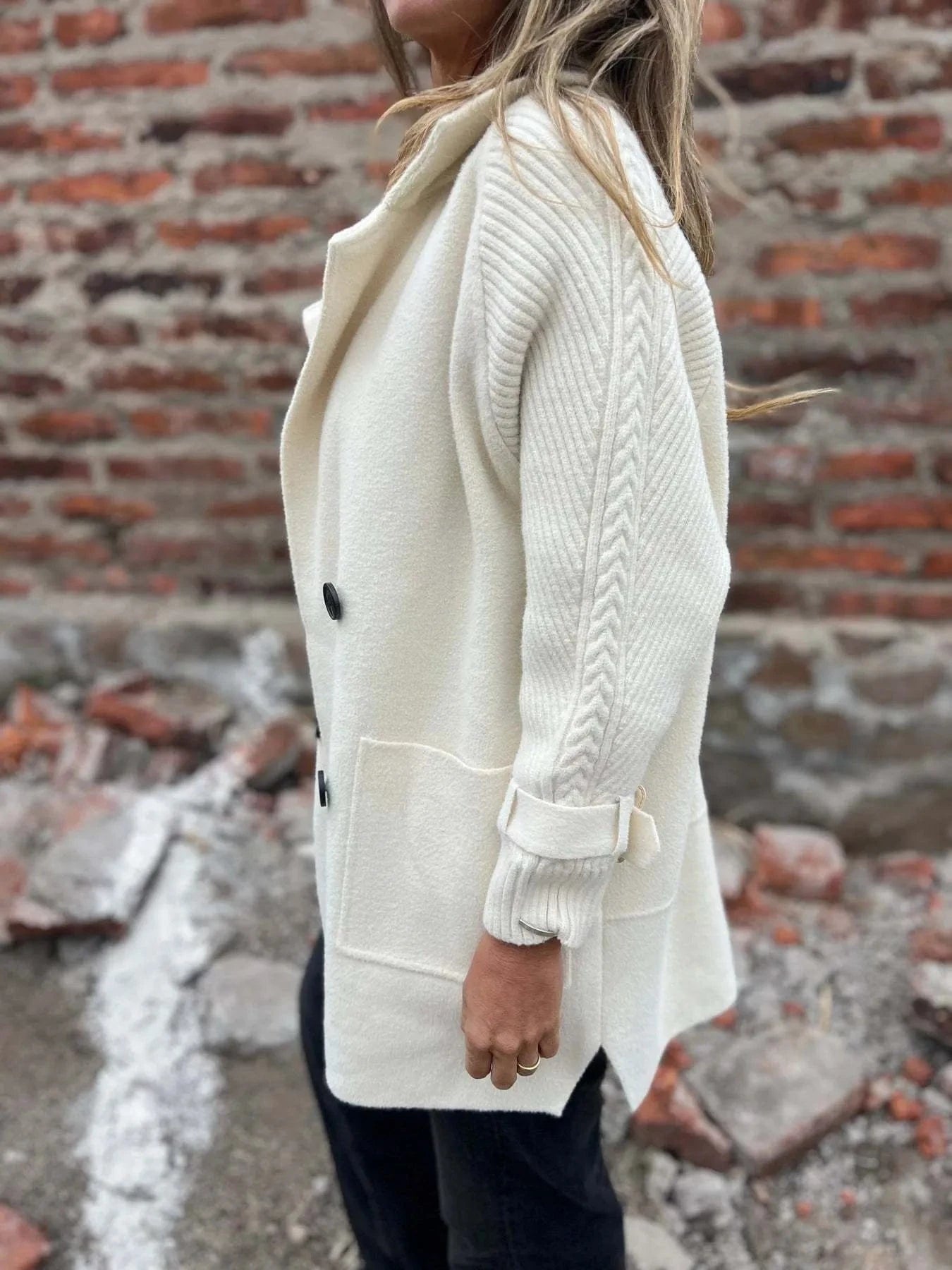 Women’s Double Breasted Knit Sleeve Longline Coat with Pockets Jacket The Nichole Collection