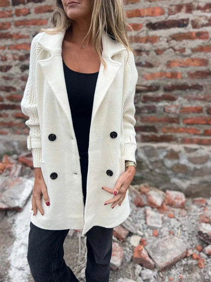 Women’s Double Breasted Knit Sleeve Longline Coat with Pockets Jacket Milky White / S The Nichole Collection