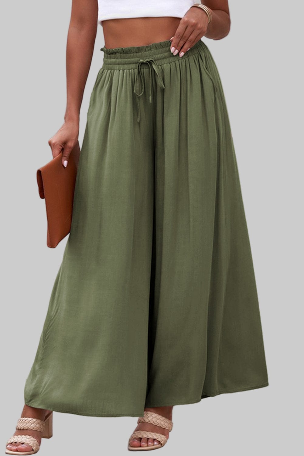 Women’s Drawstring Waist Wide-Leg Pants – Flowing Everyday Elegance Dress Pants Moss / S The Nichole Collection