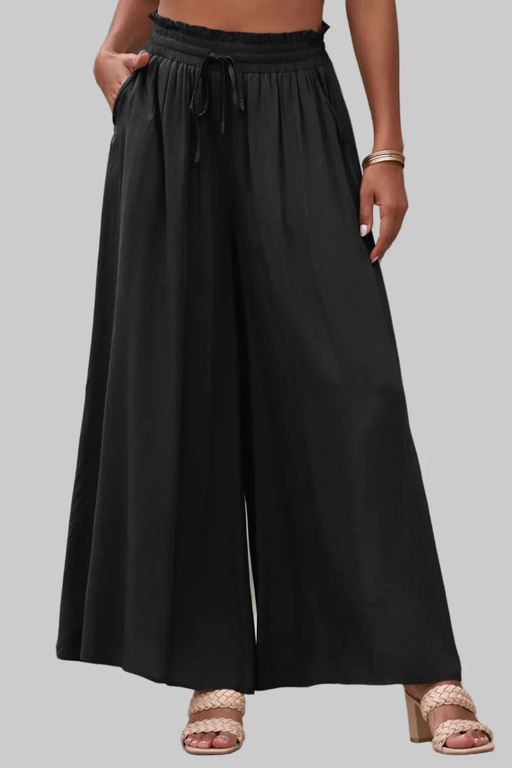 Women’s Drawstring Waist Wide-Leg Pants – Flowing Everyday Elegance Dress Pants Black / S The Nichole Collection