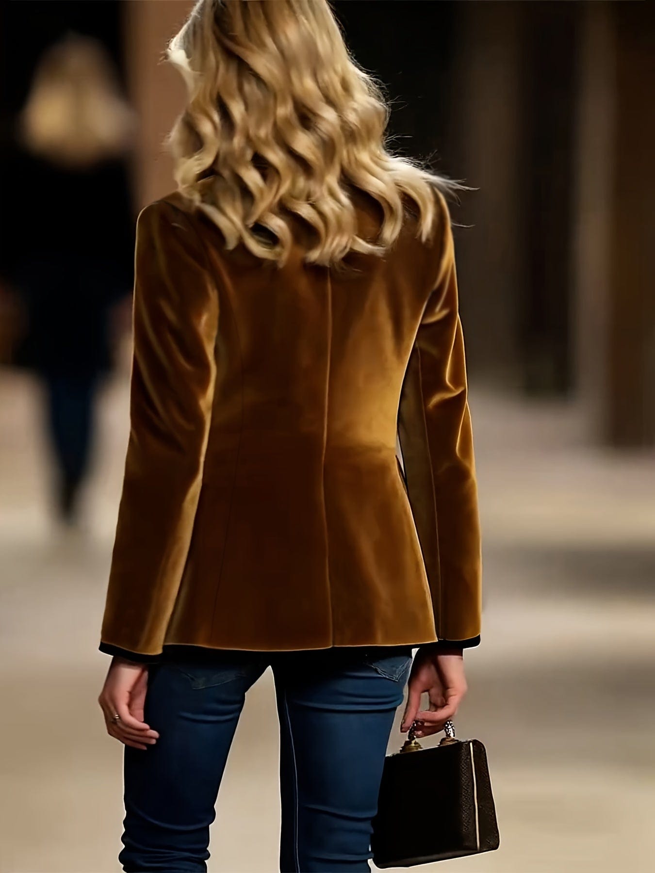 Women's Elegant Brown Velvet Blazer with Black Lapel Collar Blazers The Nichole Collection
