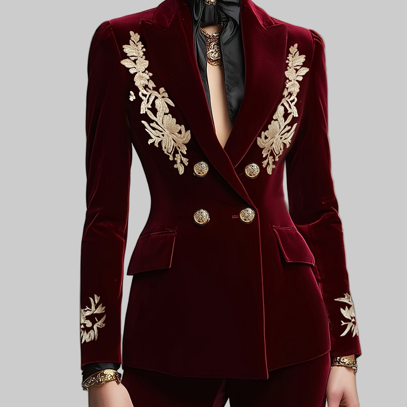 Women’s Elegant Double-Breasted Velvet Blazer – Golden Leaf Notch Lapel, Long Sleeve Blazers Deep Red / S The Nichole Collection