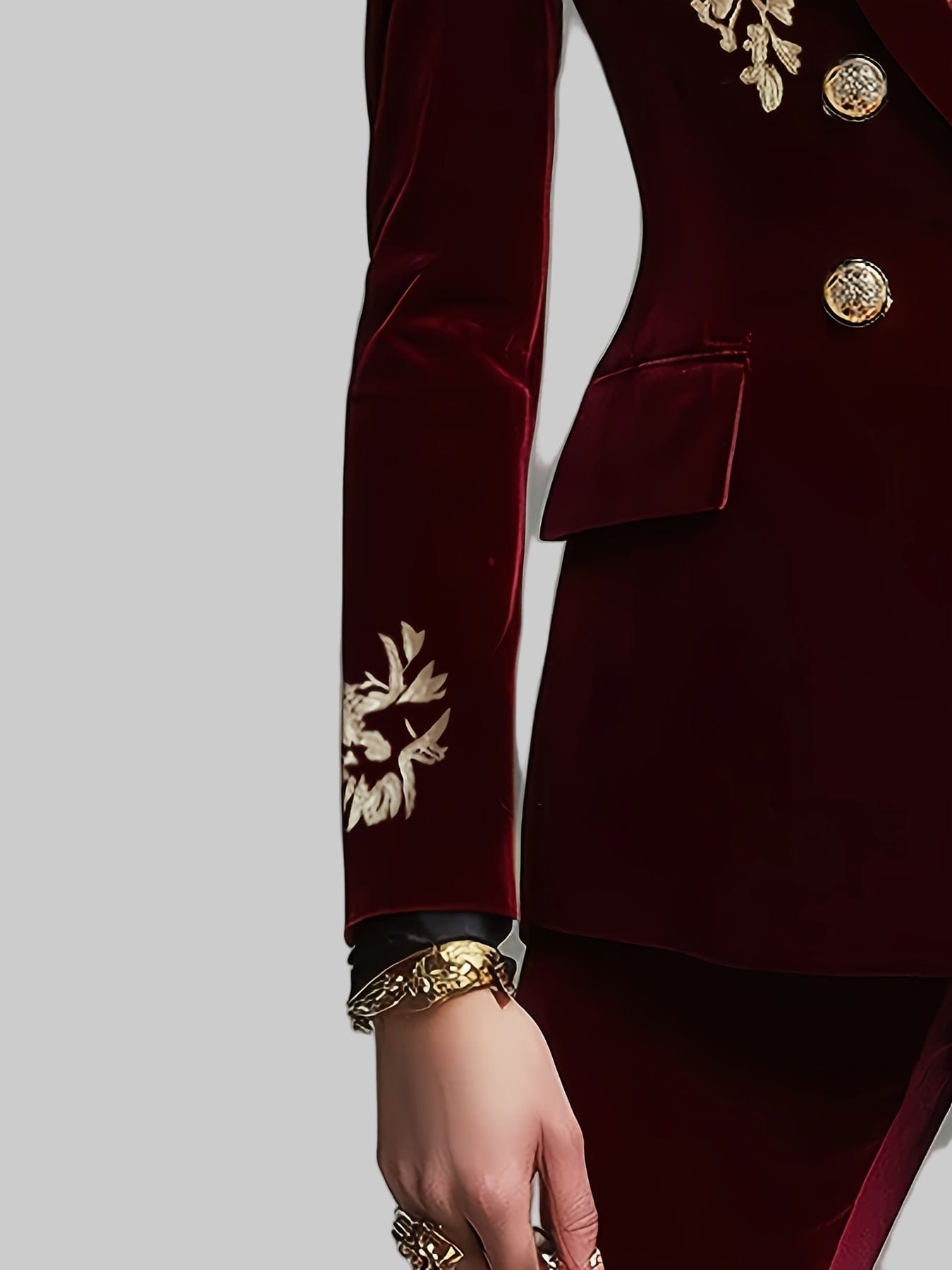 Women’s Elegant Double-Breasted Velvet Blazer – Golden Leaf Notch Lapel, Long Sleeve Blazers The Nichole Collection