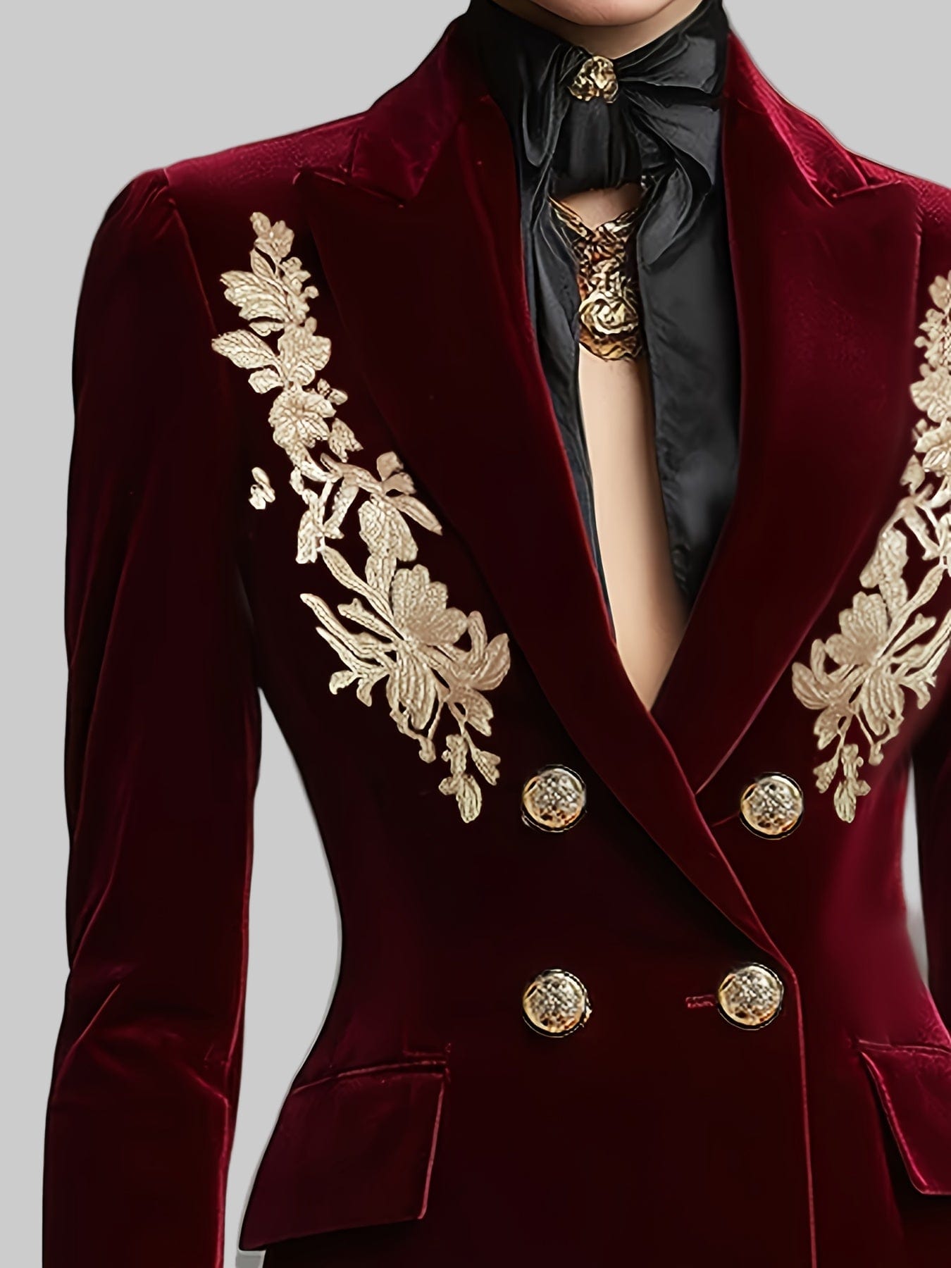 Women’s Elegant Double-Breasted Velvet Blazer – Golden Leaf Notch Lapel, Long Sleeve Blazers The Nichole Collection